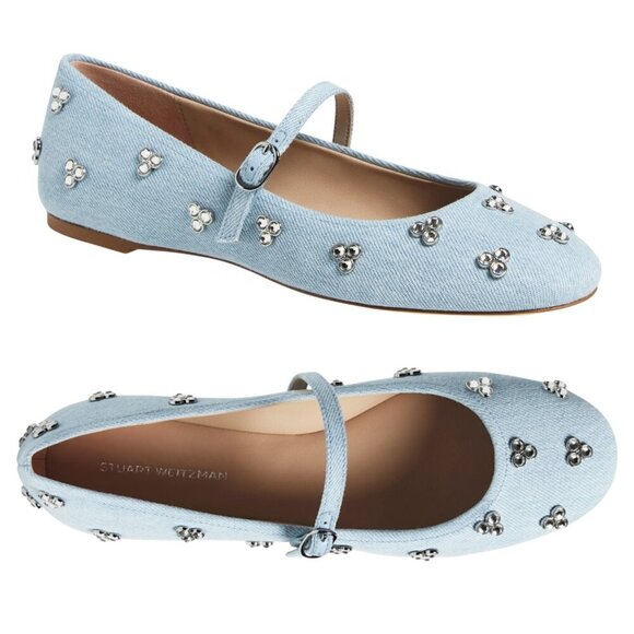 Stuart Weitzman - Women’s ‘Tammy’ Crystal Embellished Mary-Jane Flats Denim 8.5 - Picture 1 of 15
